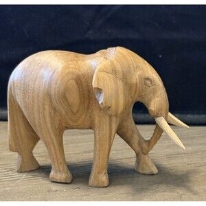 Vintage Wooden Hand Carved Elephant Figurine with Tusks MCM 2.5" X 4"